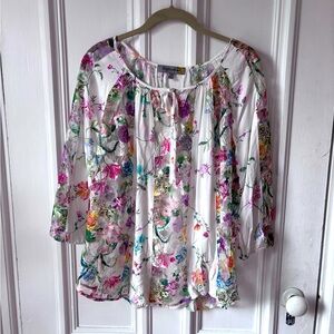 Women’s Figueroa & Flower Sheer Embroidered Long Sleeve Tie Front Pop Over Top